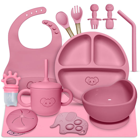 Silicone Baby Feeding Set - Baby Led Weaning Supplies with Sippy Cup, suction plate and bowl, Spoons, Forks, Fruit Pacifier, Bib, and Baby Eating Essentials for 6+ Months - Eight4you