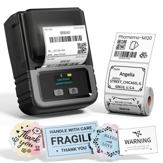 Phomemo M120 Label Maker, 2 Inch Barcode Printer, Portable Thermal Label Maker for Small Bussiness, Barcode, QR Code, Name, Address, Logo, Clothing, Office, Home, Sticker Printer for Phone/PC/Tablet