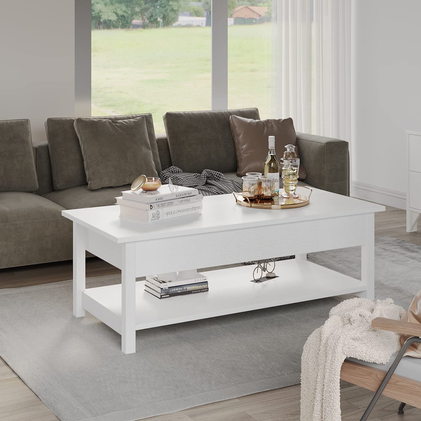 Panana Lift Top Coffee Table with Hidden Compartment and Open Shelf, Lift Tabletop Pop-Up Coffee Table for Living Room, 45.28" L, White