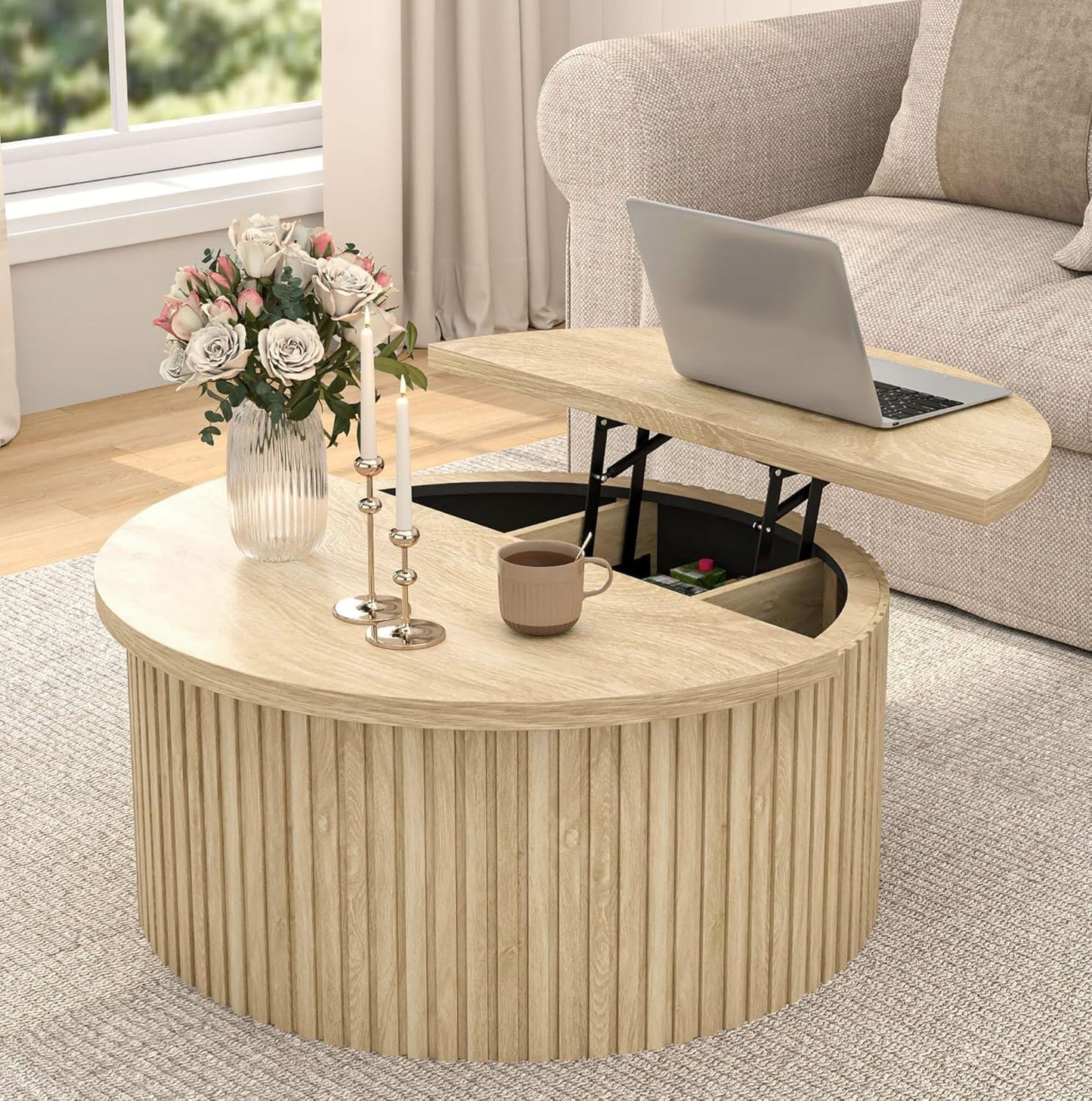 Fsbecl Lift Top Coffee Table with Storage, Round Coffee Tables for Living Room, 34.6'' Farmhouse Fluted Coffee Table, Wood Center Table with Large Hiddern Storage Compartment (Wood Color)