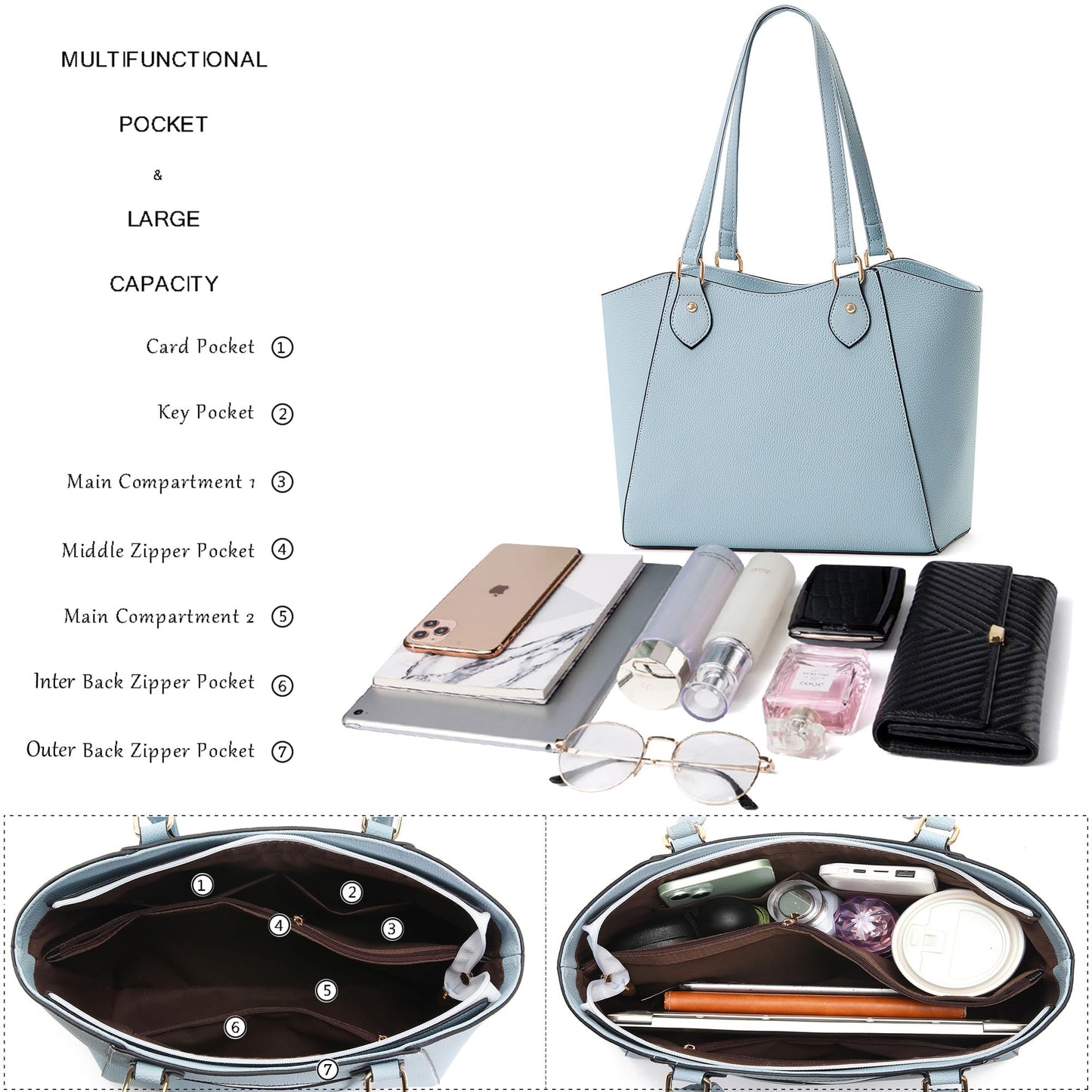 CHICAROUSAL Tote Bag for Women Large Handbags and Purses for Women PU Leather Womens Shoulder Bags (alz Light Blue YB)