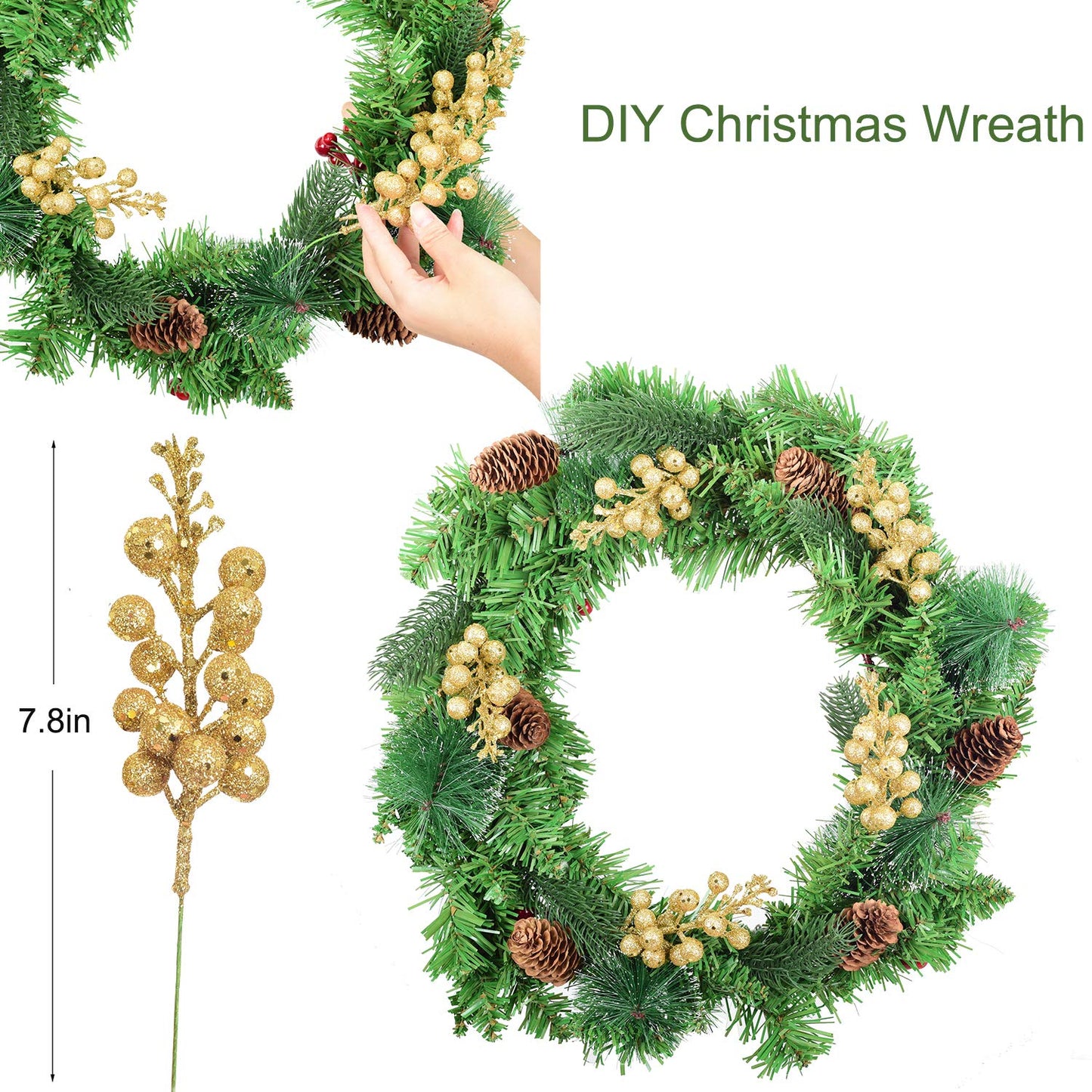 Artiflr 14 Pack Christmas Glitter Berries Stems, 7.8Inch Artificial Christmas Picks for Christmas Tree Ornaments, DIY Xmas Wreath, Crafts, Holiday and Home Decor, Gold