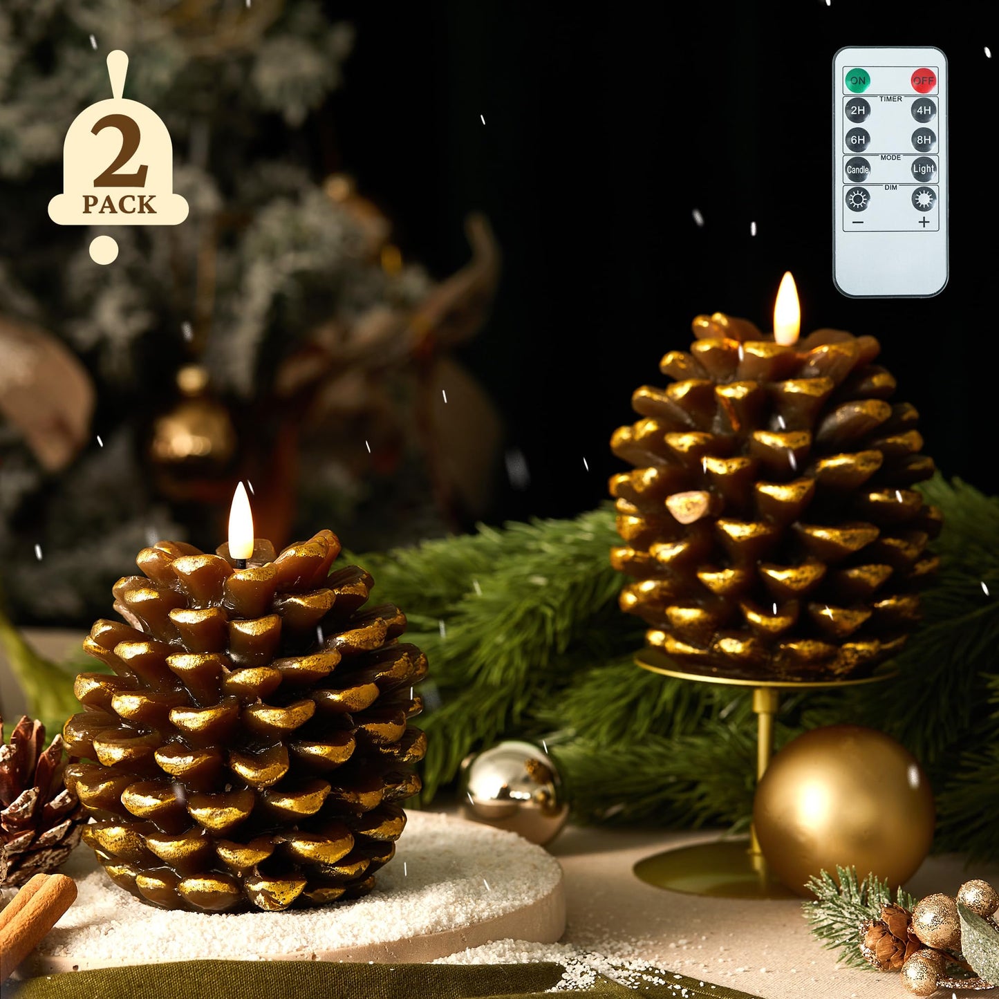 BRONYPRO 2 Pcs Pinecone Flameless Candles with Remote Timer,LED Candles Battery Operated for Christmas,Real Wax Pine Cone Flickering Candles for Holiday Indoor Decoration,Set of 2,Brown(5.5" X 4.5")