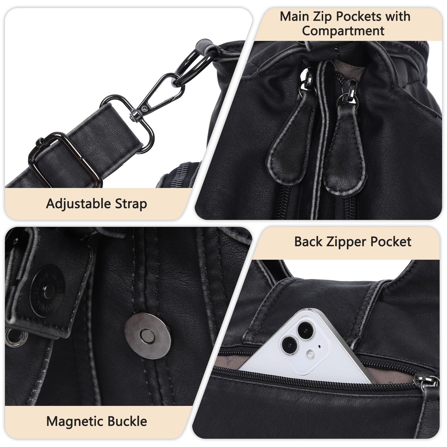 Angel Kiss Hobo Bags for Women Vegan Leather Shoulder Purses and Handbags Ladies Roomy Tote Bags Purse with Crossbody Strap,Black