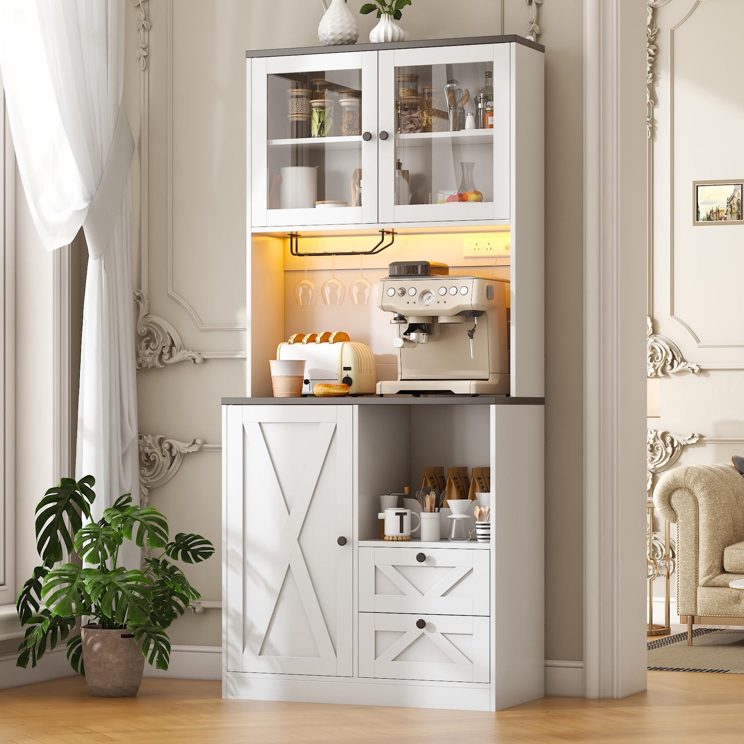 CBBPET 71" Tall Coffee Bar Cabinet with Storage Hutch, Farmhouse Kitchen Pantry Cabinet with LED Lights Microwave Stand and Glass Holder for Home Dining Room Kitchen,White