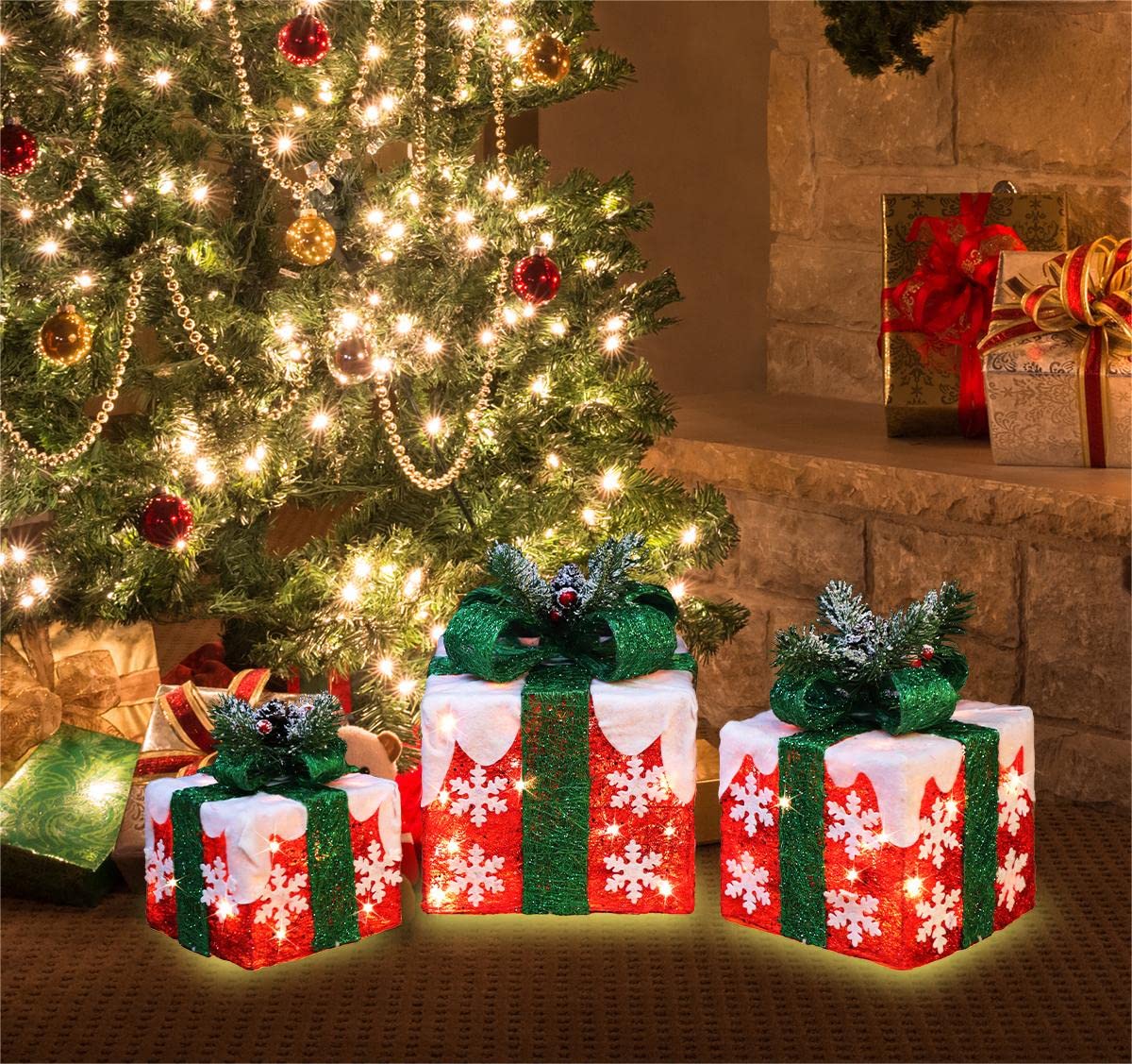 GLOWNOVA [Large 10"x8.5"x6.5" Christmas Set of 3 Lighted Gift Boxes Decorations Pre-lit 70 Super-Bright LED with Flashers,for Indoor Outdoor Christmas Tree Skirt Ornament Pathway Holiday Party Home