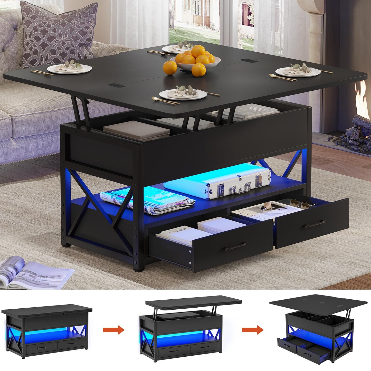 Itaar 40" Lift Top Coffee Table, 4 in 1 Coffee Tables with Storage for Living Room, Small Farmhouse Coffee Table with 2 Drawers & LED Light for Dining Reception Room, Black