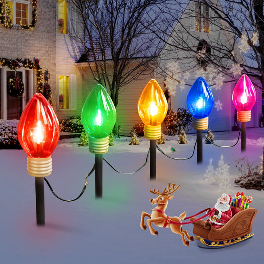 Jumbo C9 Christmas Pathway Lights Outdoor - 8.5 Feet 5 LED C9 Walkway Light, C7 Light Covered Jumbo Multicolor Light Bulb Christmas Lights Outdoor Decorations for Lawn Holiday Outside Yard Garden