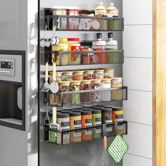 Aufworld Magnetic Spice Rack for Refrigerator, 4 Pack Magnetic Shelf, Fridge Magnet Organizer with Moveable 8 Hooks, Magnetic Fridge Shelf for Kitchen Organization and Storage (4 Pack)