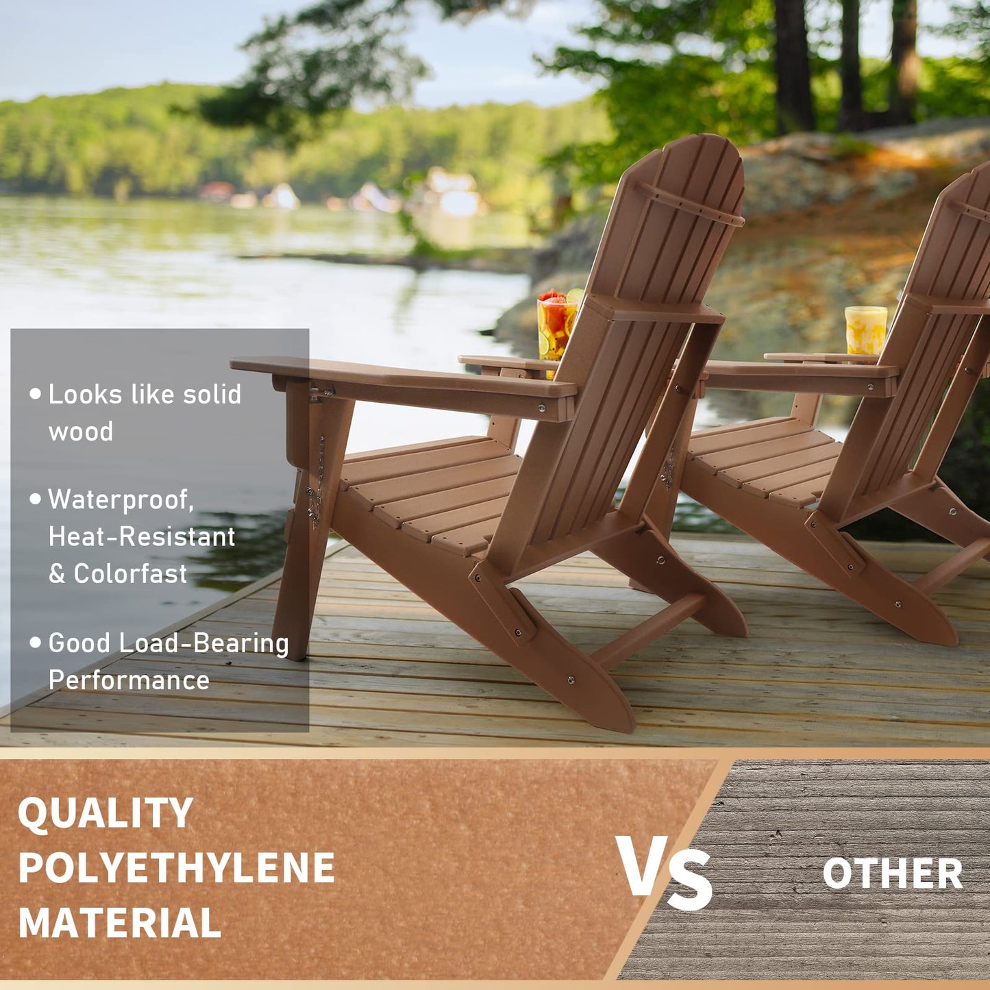 FUNBERRY Folding Adirondack Chair with Adjustable Backrest, HDPE All Weather Fire Pit Chairs with Cup Holder