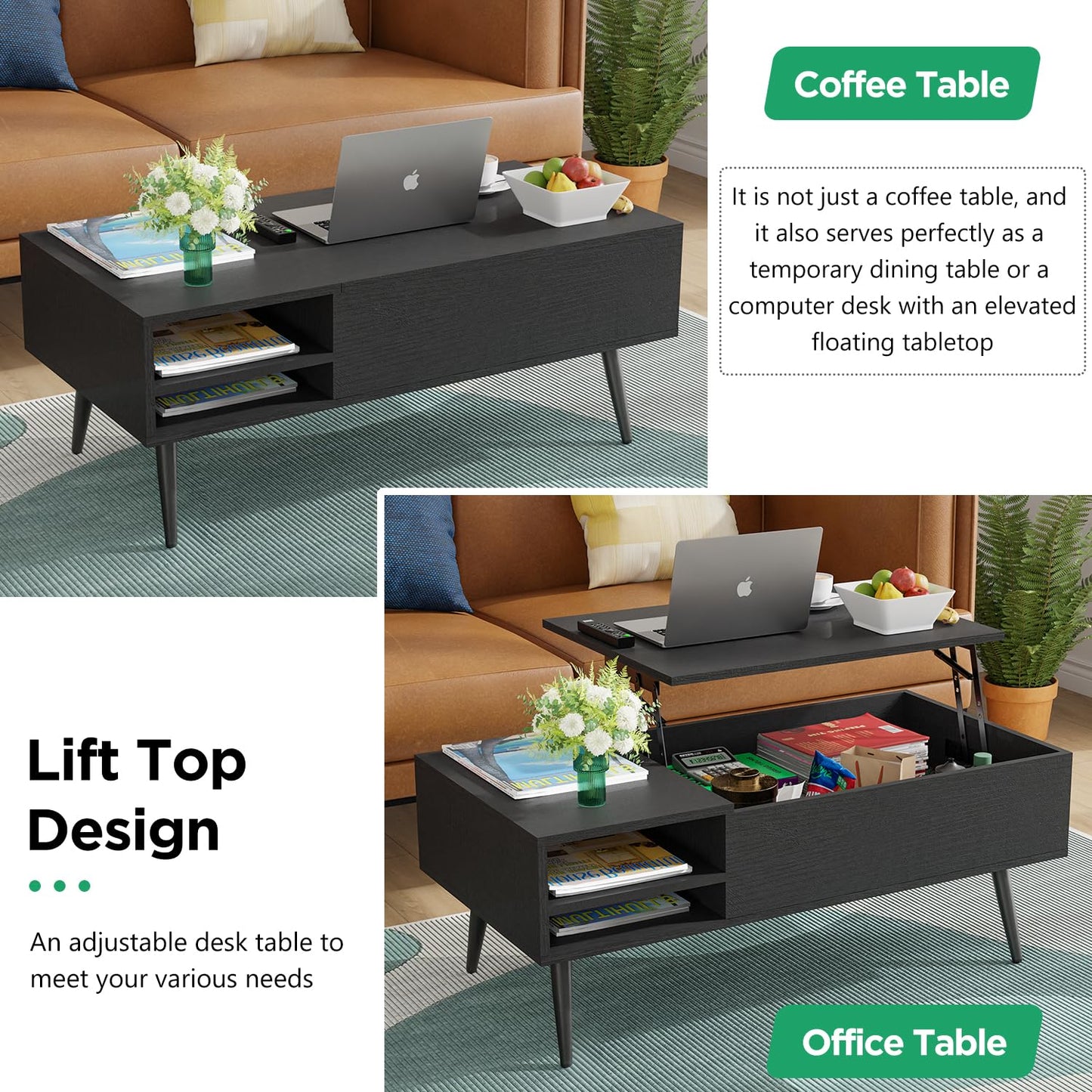 PayLessHere Lift Top Coffee Table with Adjustable Storage and Hidden Compartment Small Wood Coffee Table Center Table for Home Living Room Office Apartment Reception Room,Black