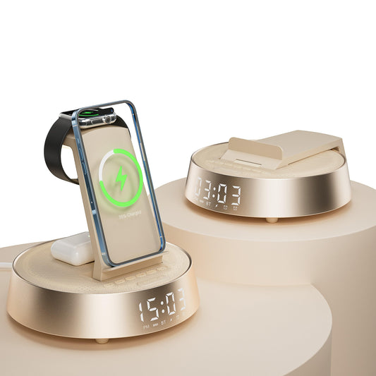 7 in 1 Wireless Charging Station, Alarm Clock for Bedroom with Dimmable Night Light Bluetooth Speaker, Dock Station for iPhone 16 15 14 13 12 11 Pro Max, Apple Watch, AirPods Pro