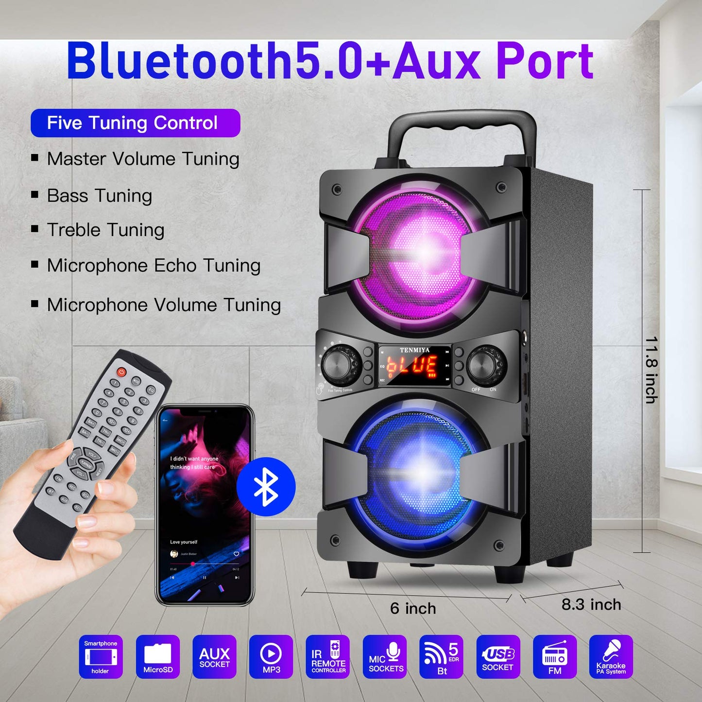 Bluetooth Speaker, Portable Wireless Speakers with Microphone, 60W Peak Loud Stereo Rich Bass, Lights, Remote, FM Radio, EQ, Double Subwoofer Sound System, Speaker for Home Outdoor Party Gifts(1MIC)