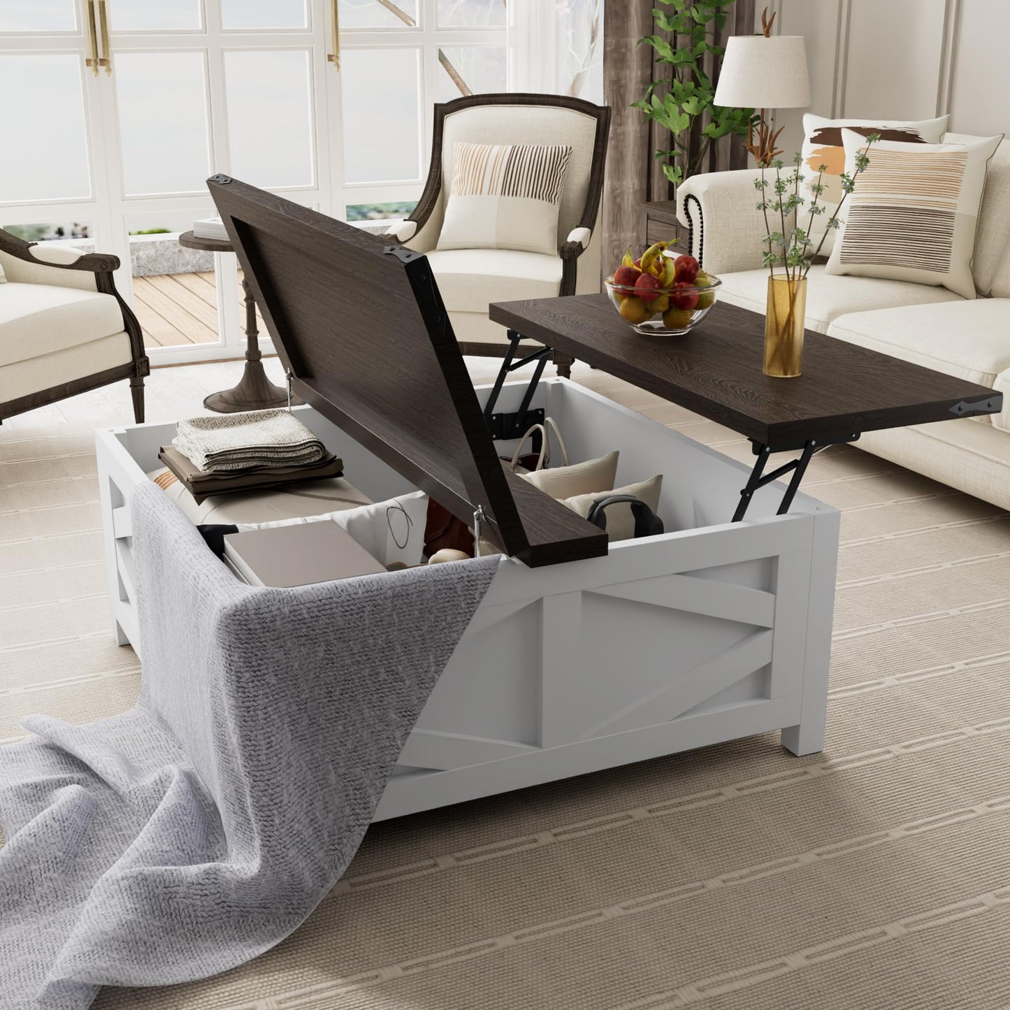 Buytime Farmhouse Lift Top Coffee Table with Storage, Wood Square Center Table with Charging Station, Living Room Table with Large Hidden Space, Rustic White