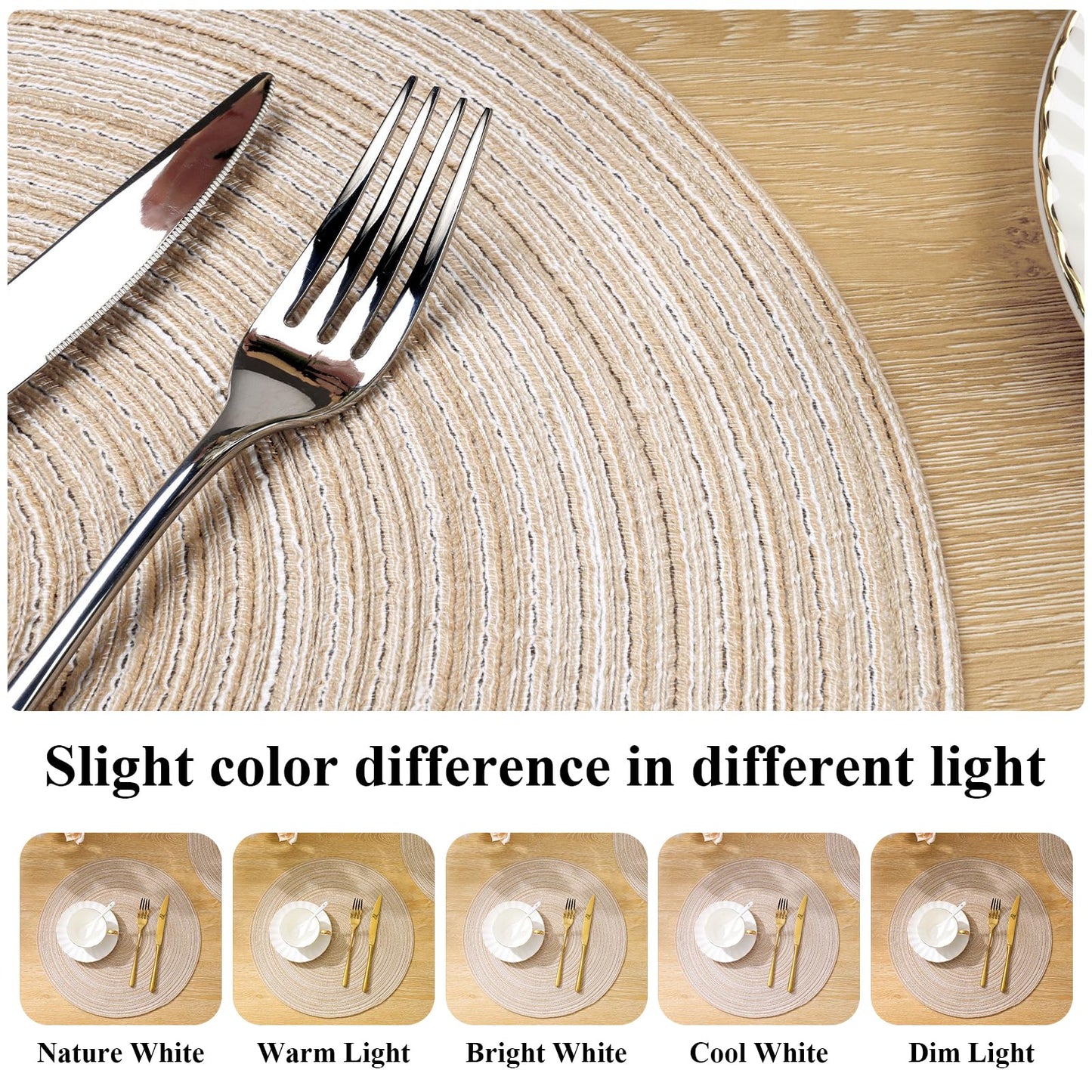SHACOS 15 inch Round Braided Placemats Set of 6 Non Slip Heat Resistant Round Table Mats Washable Place Mats for Dinner Party Table Decoration (Beige, 6)