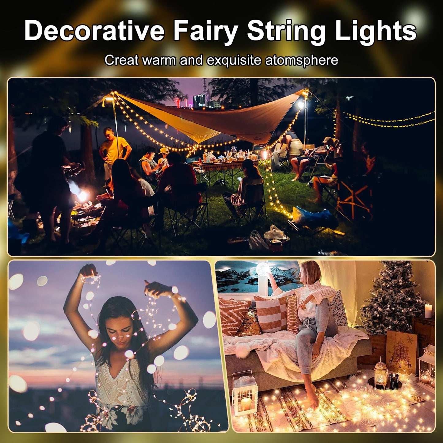 YPHSOL Fairy Lights Battery Operated String Lights 16.4ft 50LED Flashing and Constant Light Waterproof Silver Wire for Christmas DIY Party Bedroom Wedding (Warm White, 2 Pack)