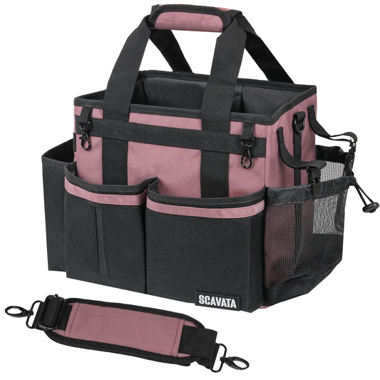 SCAVATA Compact Wearable Cleaning Caddy, Small Cleaning Caddy Supplies Organizer with Handle & Shoulder Straps for Housekeepers, Under Sink & Car Cleaning Tool Organizers Bag (LotusPink)