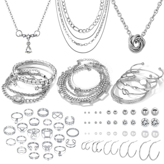 IFKM Silver Jewelry Set For Women With Chokers Pendant Necklaces, Layered Link Bracelets Bangle, Stackable Knuckle Rings, Stud And Hoop Earrings Dainty Elegant Cute Valentine Anniversary Birthday Friendship Gift