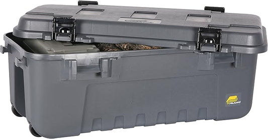 Plano Storage Trunk with Wheels, Gray, Lockable Storage Box, Airline Approved Sportsman Trunk, Hunting Gear and Ammunition Bin, Heavy-Duty Containers for Camping, 108-Quart