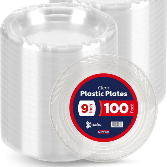 Munfix 100 Clear Plastic Plates Set - 9 Inch Disposable Dinner Plates Bulk Pack, for Party, BBQ, Picnic, Parties, Travel and Events, Microwavable Recyclable