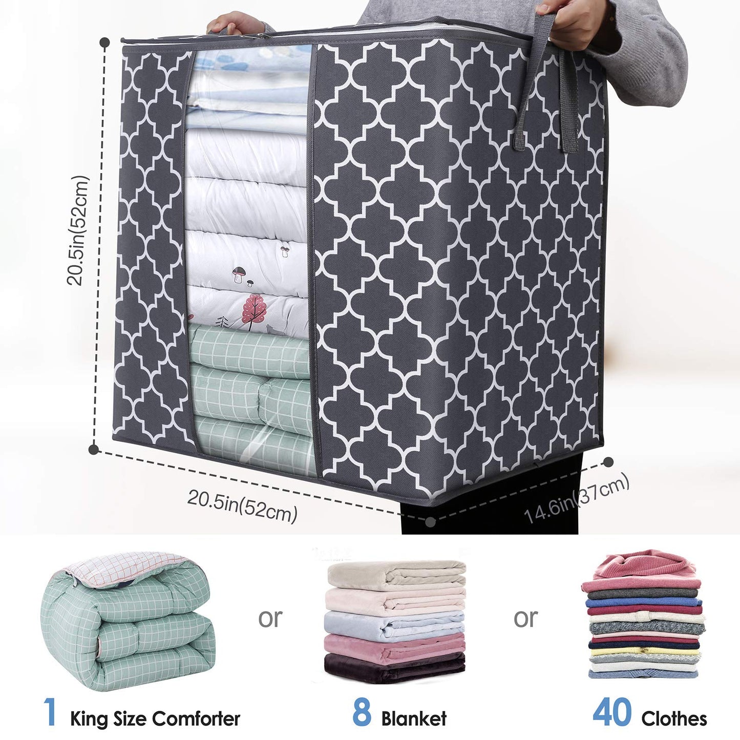 WISELIFE Storage Bags 8 Pack/100L Large Blanket Clothes Organization and Storage Containers for Comforters,Bedding, Foldable Organizer with Reinforced Handle, Clear Window, Sturdy Zippers,Gray
