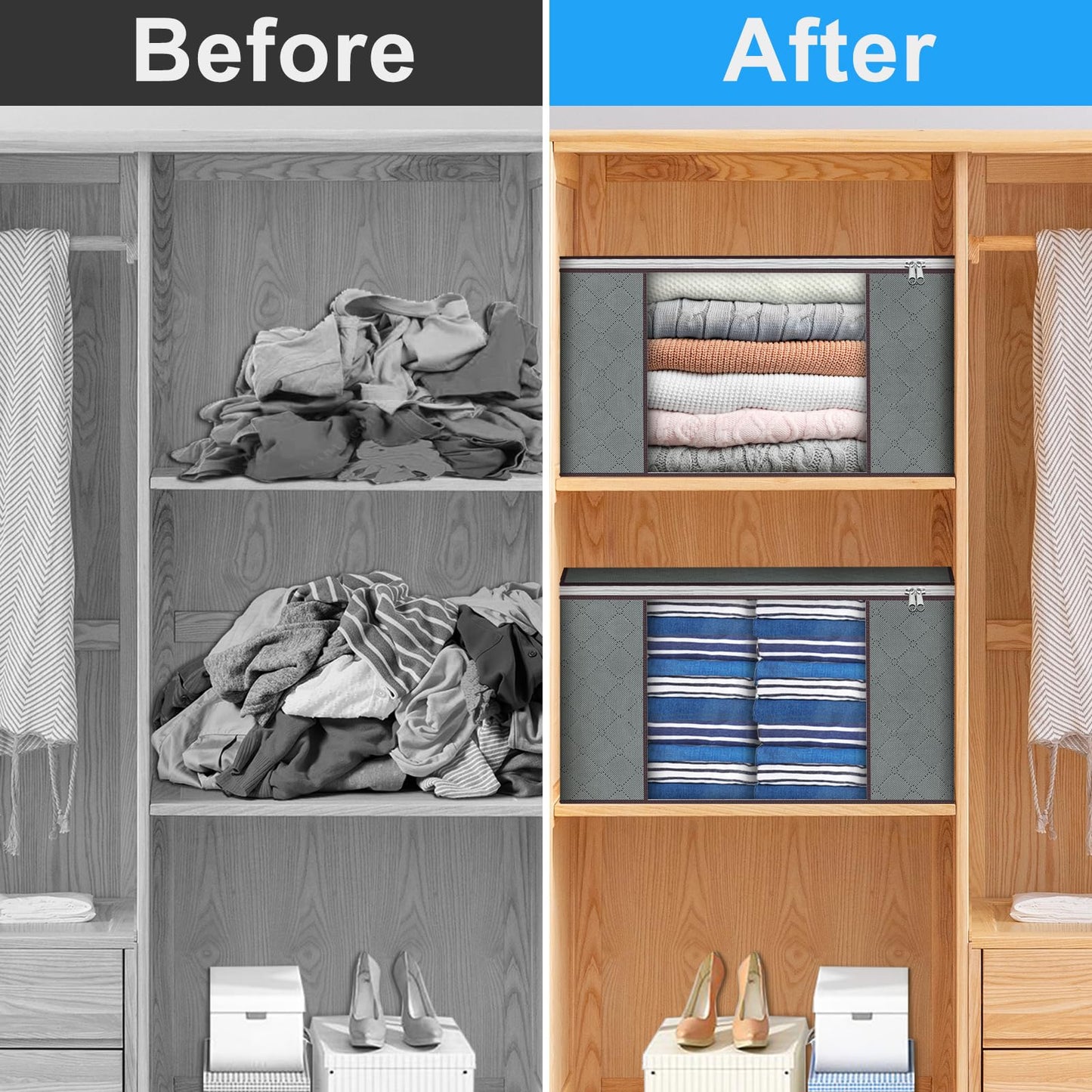 Budding Joy Clothes Storage, Foldable Large Storage Bags, Storage and Organization for Clothing, Blanket, Comforter, Clothes, Pillows, Toys, Closet Organizers with Enhanced Handle, 60L 12 Pack