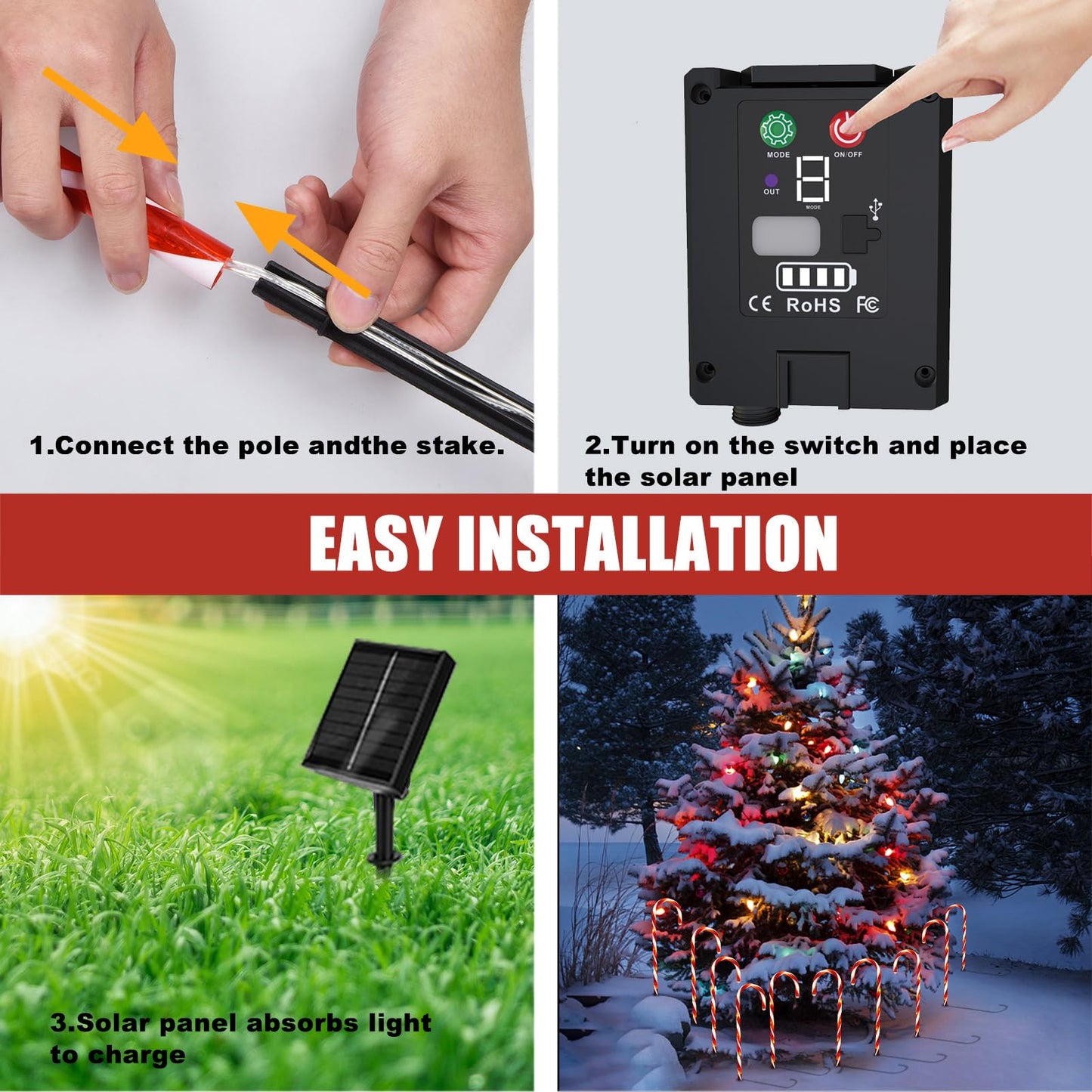 Outdoor Christmas Decorations, 10 Pcs Christmas Candy Cane Lights, 21'' Solar Pathway Lights with 8 Lighting Modes, Waterproof Garden Lights for Outdoor Xmas Patio Yard Walkway Decorations