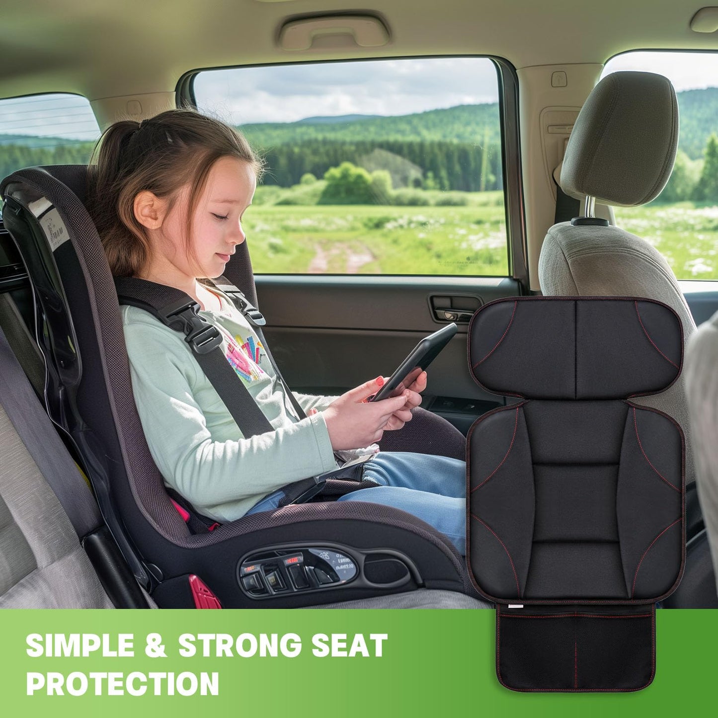 Siivton Kids Booster Seat Protector Mat, Thick, Anti-Slip, Waterproof, with Mesh Pockets for Toys & Snacks, Fits Most Cars, Black - 2 Pack