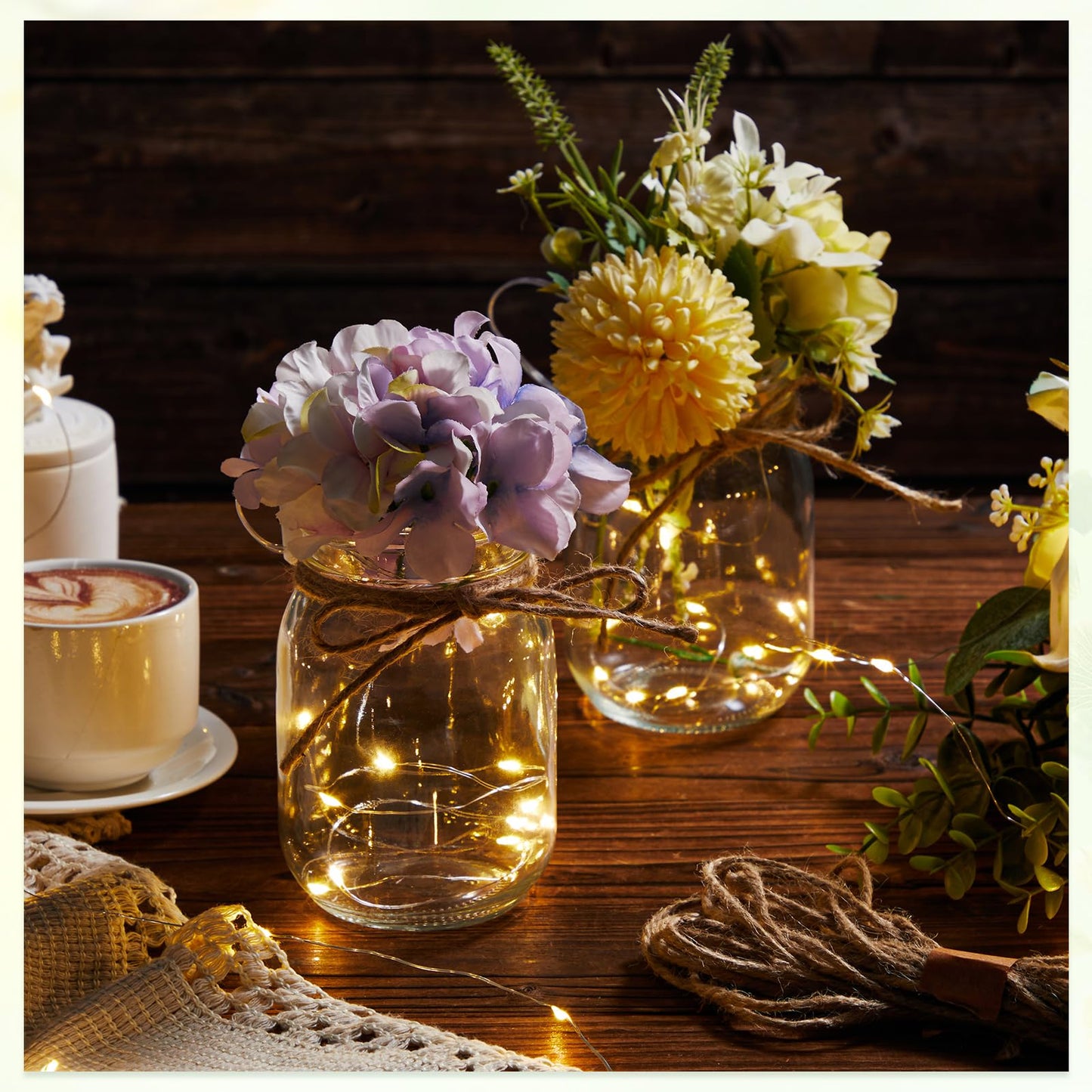 Chunful 6 Pcs Glass Mason Jar with LED Lights for Table Centerpiece Decorations Set Clear Rustic Farmhouse Coffee Table Decor with LED Lights for Wedding Dining Room Kitchen Decor