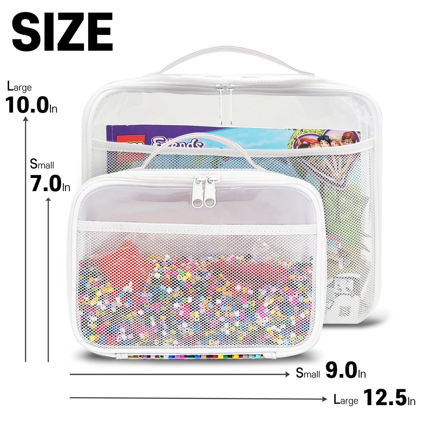 holay 4 Packs PVC Zippered Blocks Set, Toy, Clay, Board game Storage Organizer Case (Name Tag, Manual Pocket) (White, Large)