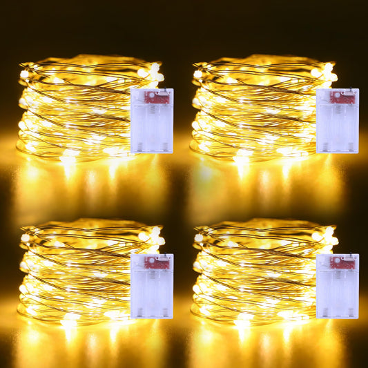 4 Pack Christmas Fairy Lights Battery Operated 16.4Ft 50 LEDs Silver Copper Wire Twinkle Lights with 2 Lighting Modes for Indoor Outdoor Wedding Holiday Yard Decorations (Warm White)