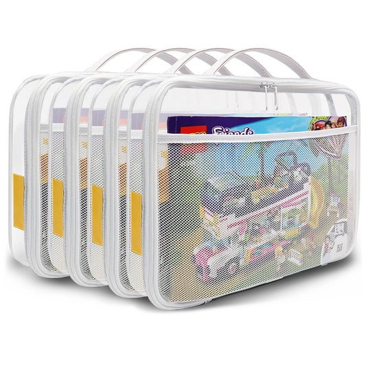 holay 4 Packs PVC Zippered Blocks Set, Toy, Clay, Board game Storage Organizer Case (Name Tag, Manual Pocket) (White, Large)