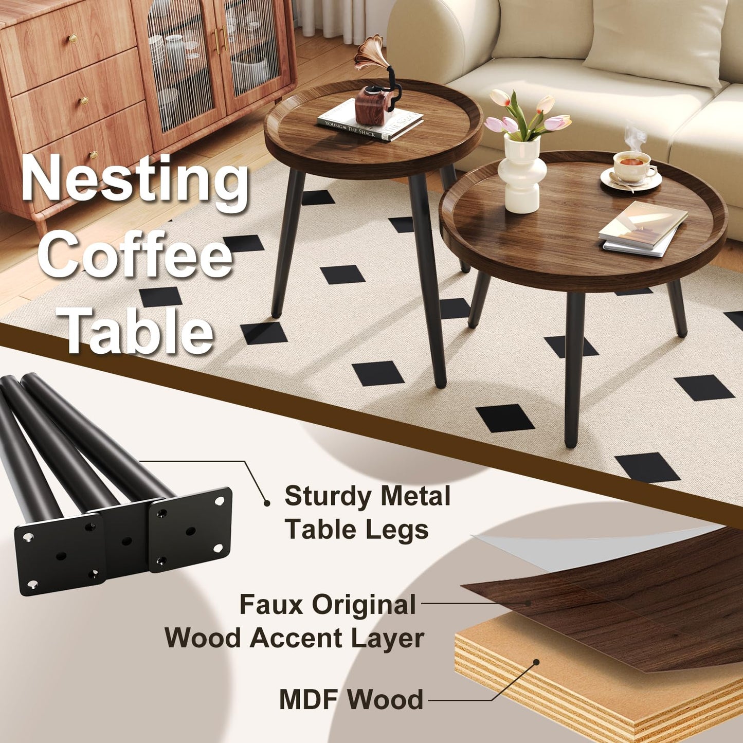 2 PCS Small Round Coffee Table, Walnut Nesting Tables for Small Spaces, Mid Century Modern Centre Table, Easy Assembly Circle Coffee Tables for Living Room, Minimalist Nesting Coffee Table Set of 2