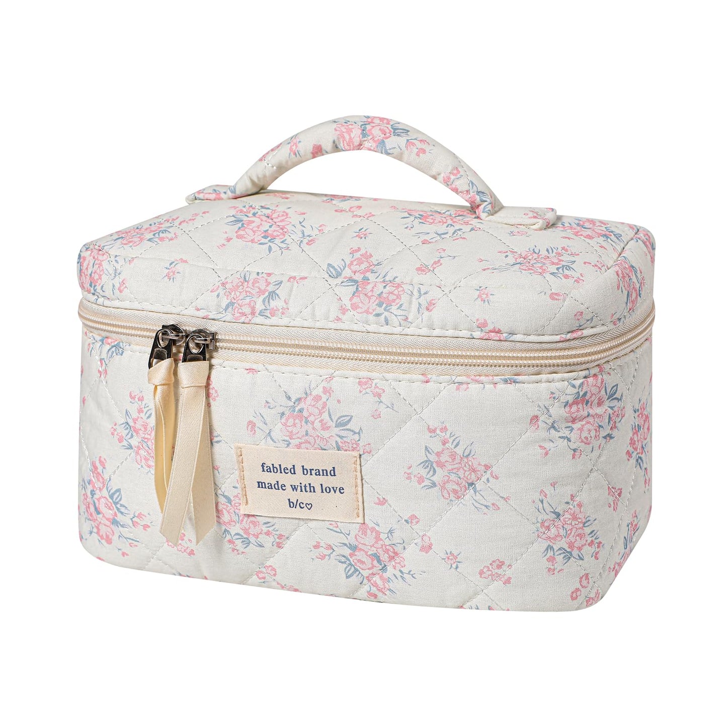 uekeboag Large Travel Quilted Makeup Bag for Women, Floral Cotton Cosmetic Bag, Coquette Aesthetic Floral Toiletry Organizer Bag