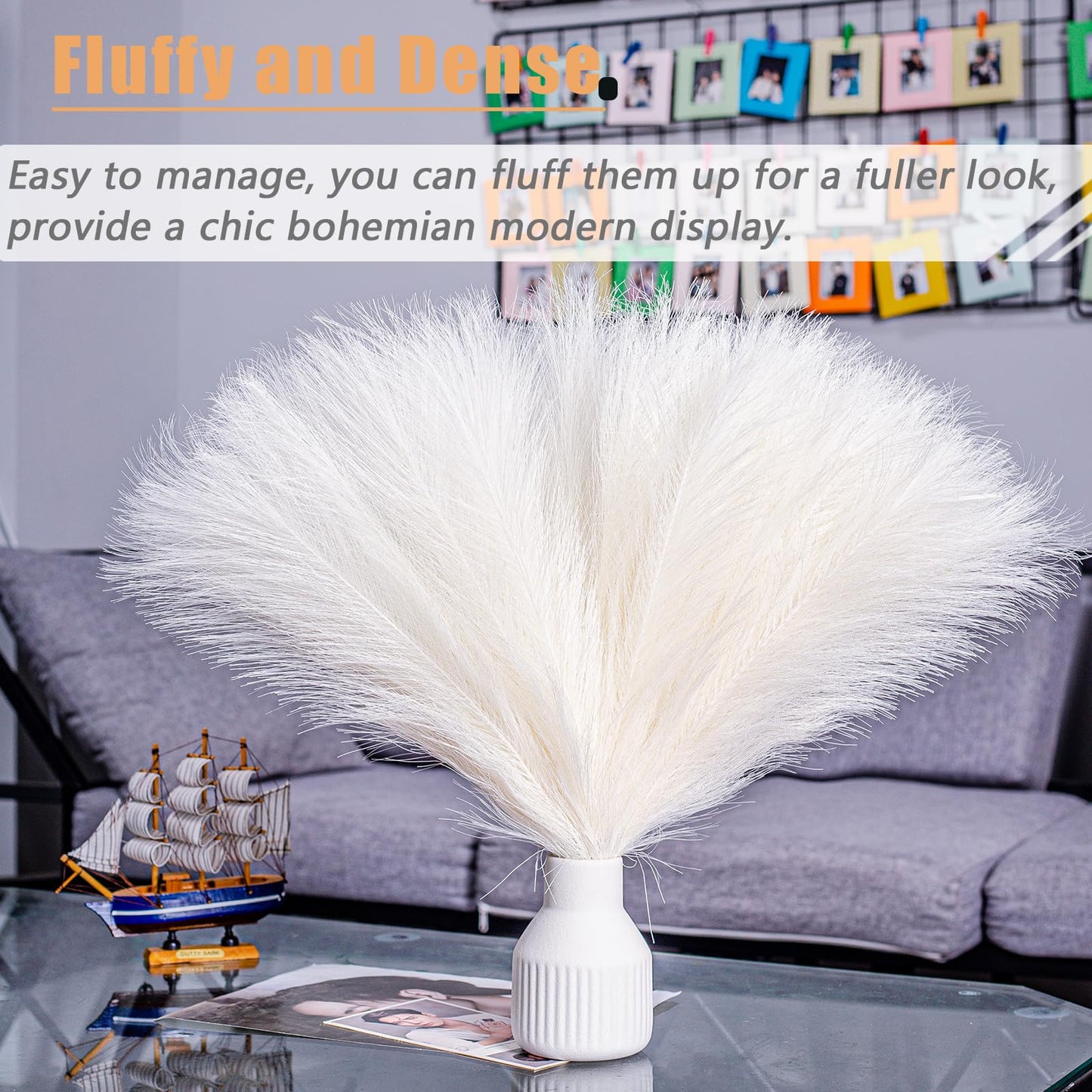Bnecnet 10 Stems White Pampas Grass Fluffy - 17.7" Faux Pampas Grass Decor Small Fluffy Pompas Floral Arrangement and Vase Filler for Boho Home Wedding Mothers Day Decoration