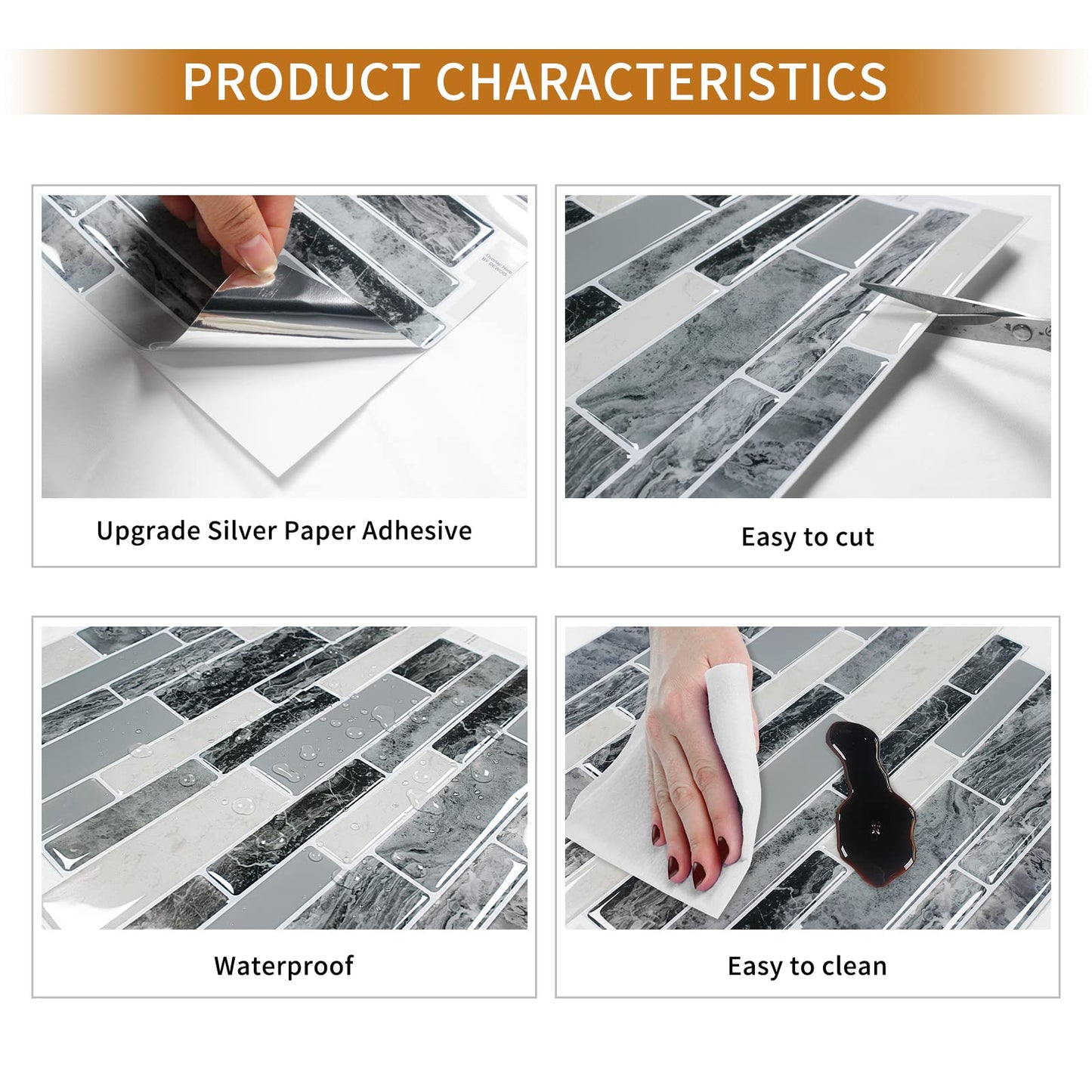 DEWOO Peel and Stick Backsplash 3D Self Adhesive Wall Tiles for Kitchen Bathroom,Marble Gray (10-Sheet, 12"×12")