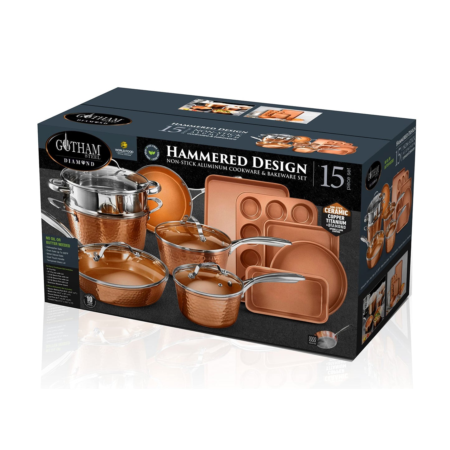 Gotham Steel Hammered 15 Pc Ceramic Cookware Set Nonstick, Deep Copper Pots and Pans Set Non Stick with Bakeware & Deep Fry Pan, Non Toxic PFOA PFOS Free, Induction Oven and Dishwasher Safe