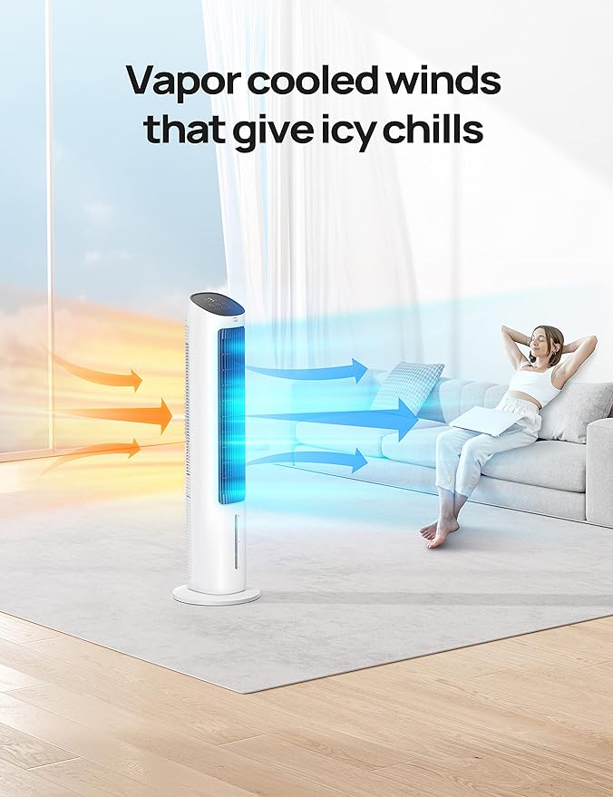 Dreo Evaporative Air Swamp Cooler, 40” Standing Fans that Blow Cold Air, 80° Oscillating Bladeless Cooling Fan for Bedroom, Removable Water Tank, Ice Packs, Remote Control, 4 Speeds, White and Black