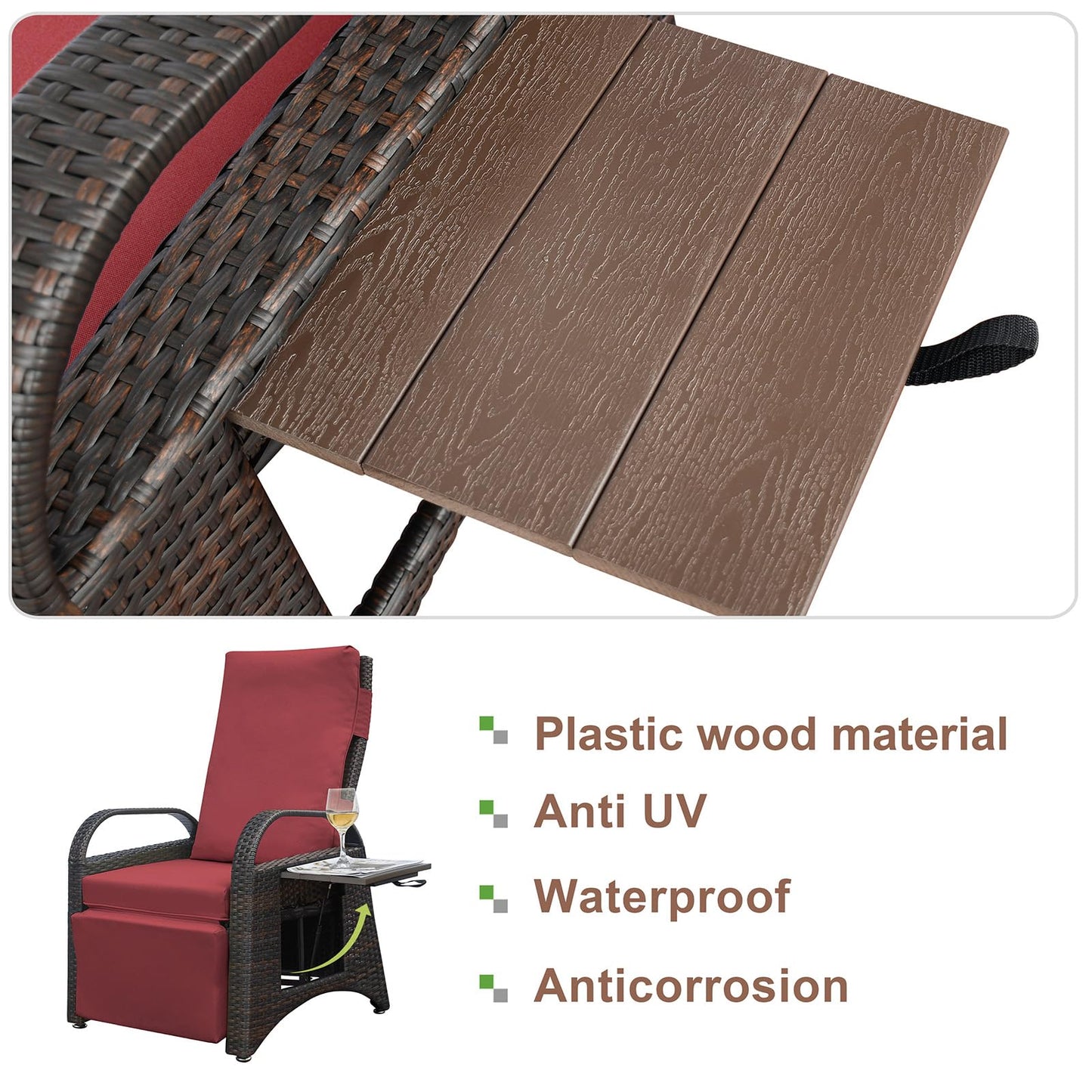 ATR ART TO REAL Outdoor Recliner Chairs, PE Wicker Reclining Lounge Chair with Removable Soft Cushion, Adjustable Outside Recliners for Patio, Porch, Poolside, Balcony, Lawn (Red, 2 PCS)