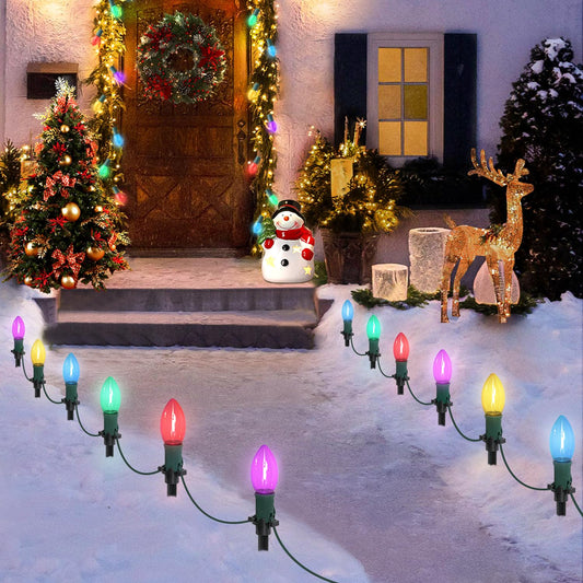 USOKYO 45Ft C9 LED Christmas Pathway Lights Outdoor, 30 Multicolor Bulbs Waterproof Connectable Christmas Walkway Lights with Stakes for Yard Lawn Sidewalk Driveway Decorations