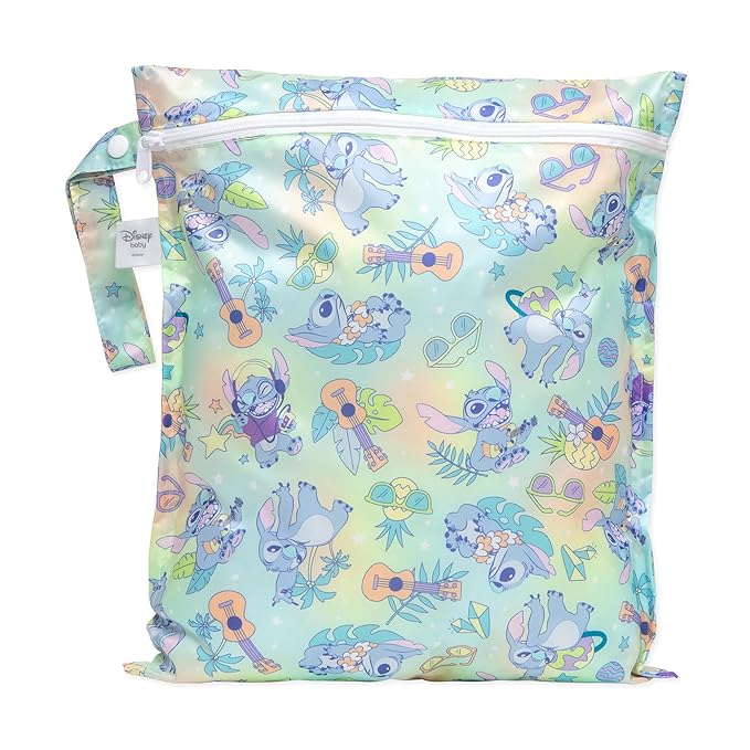 Bumkins Disney Waterproof Wet Bag for Baby, Travel, Swim Suit, Cloth Diapers, Pump Parts, Pool, Beach, Gym Clothes, Toiletry, Hook to Stroller, Daycare, Zipper Reusable Wetdry Packing Pouch, Stitch