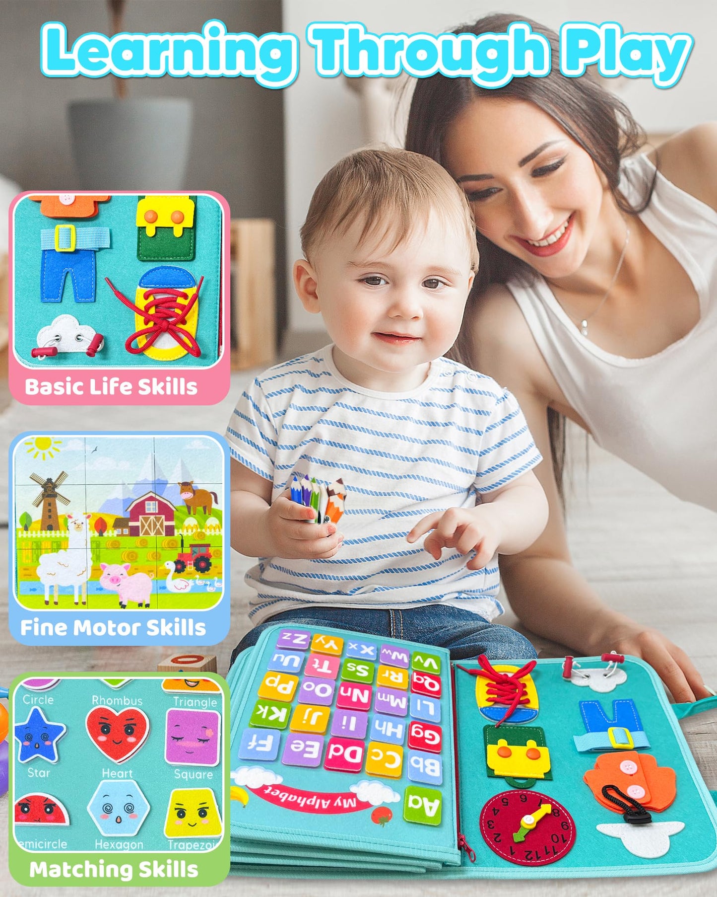 Walenty Busy Board Montessori Toys for Toddler Boy Girl Birthday Gifts, Busy Book Sensory Learning Toys for Toddlers, Educational Activities Airplane Car Travel Toy for Toddlers