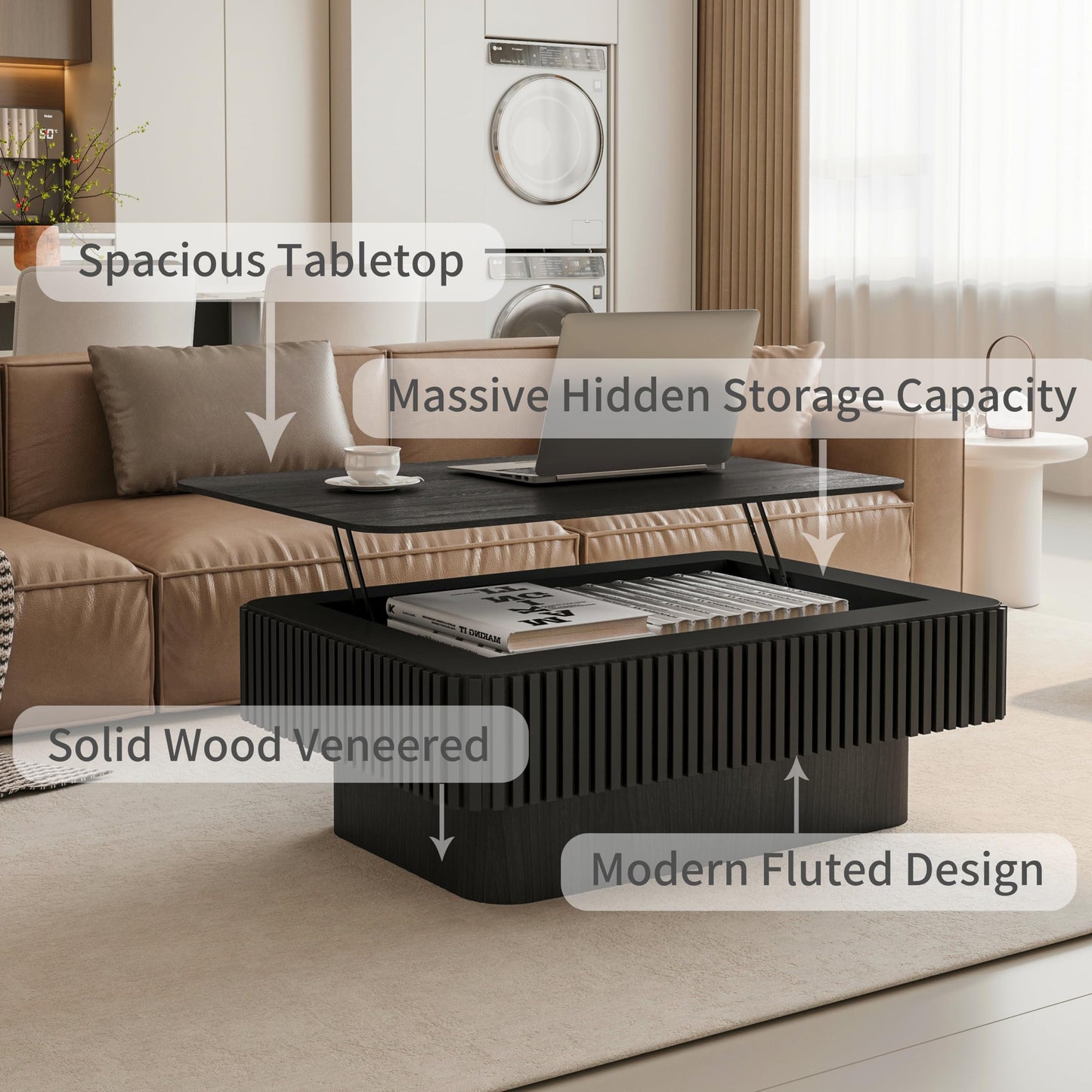 Black Coffee Table with Lifting Top Storage for Living Room,Fluted Lift Up Coffee Tables with Storage Solid Wood Center Table 38.6'' Modern Smart Rectangular Lift Up Tabletop for Apartment Office