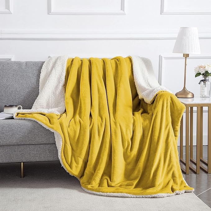 IR Imperial Rooms Ochre Sherpa Blankets Queen Size for Bed - Wholesale Bulk Pack of 9 Sherpa Blankets - Soft Fluffy Throw Blanket for Hotels, Guest Bedroom (Yellow, 90x90 Inches)