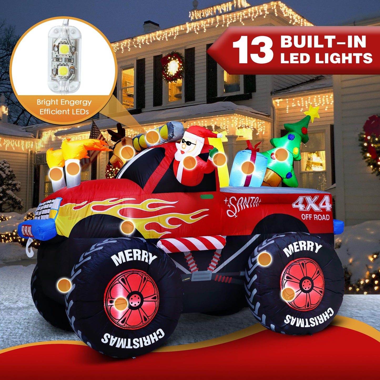 8 FT Long Santa in Monster Truck Christmas Inflatables Outdoor Decorations, Christmas Blow Up Santa Claus Yard Decorations for Garden Lawn Xmas Decor