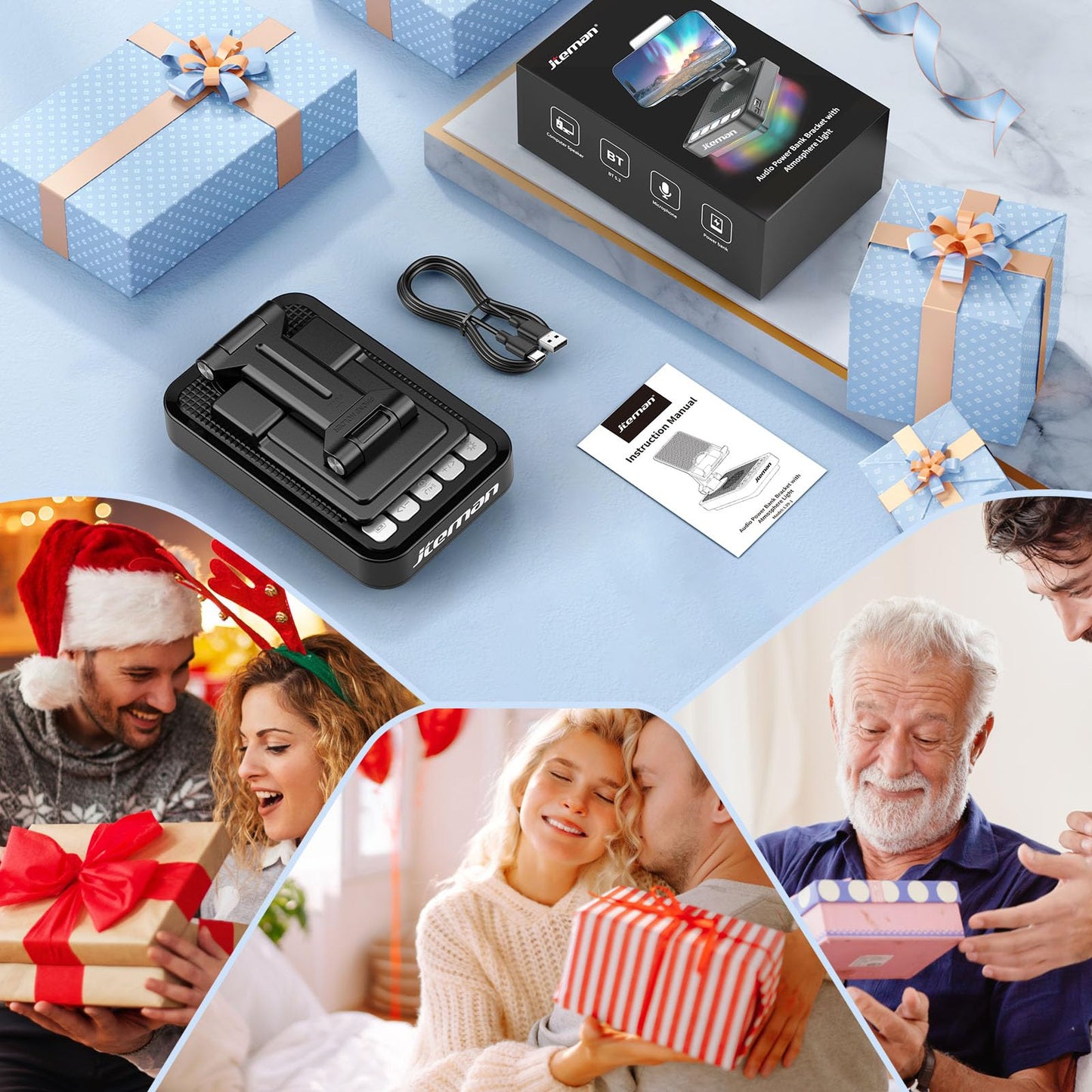 JTEMAN Gifts for Men Women Phone Stand Bluetooth Speaker with Light and Power Bank, 360 Rotating Phone Holder Cool Tech Gifts for Dad Mom Husband Unique Birthday Gift Ideas