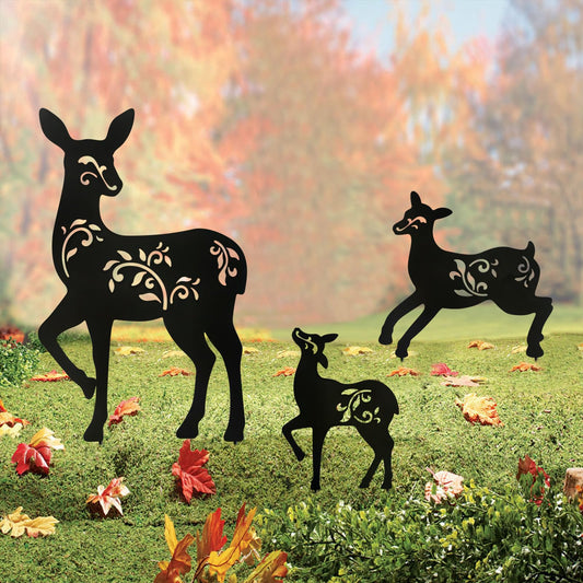 Hokfirm Outdoor Deer Stakes, Set of 3 Metal Deer Garden Decor for Outside,Black Silhouette Yard Art(Deer Black)