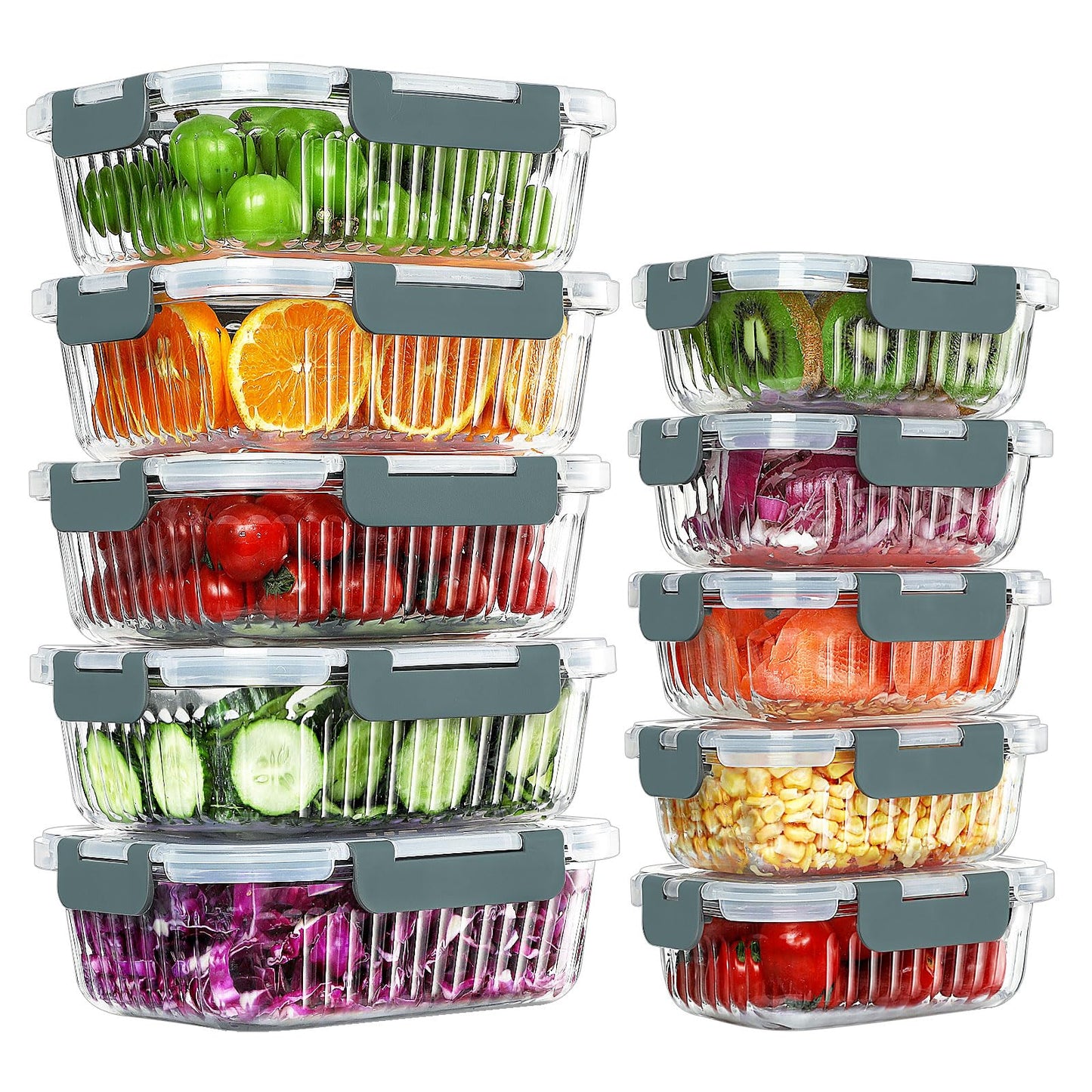 KOMUEE 10 Packs Glass Meal Prep Containers with Lids, Glass Food Storage Containers Set, Airtight Lunch Containers, Microwave, Oven, Freezer and Dishwasher Safe, Gray