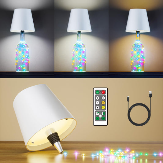 Wireless Bottle Lamp with Remote & Timer, Cordless Table Lamp with RGB String Lights, Rechargeable Touch Lamps with Dimmable & 3 Color Temps,Wine Bottle Light for Bedroom, Bar, Party, Gift(1 Pack)
