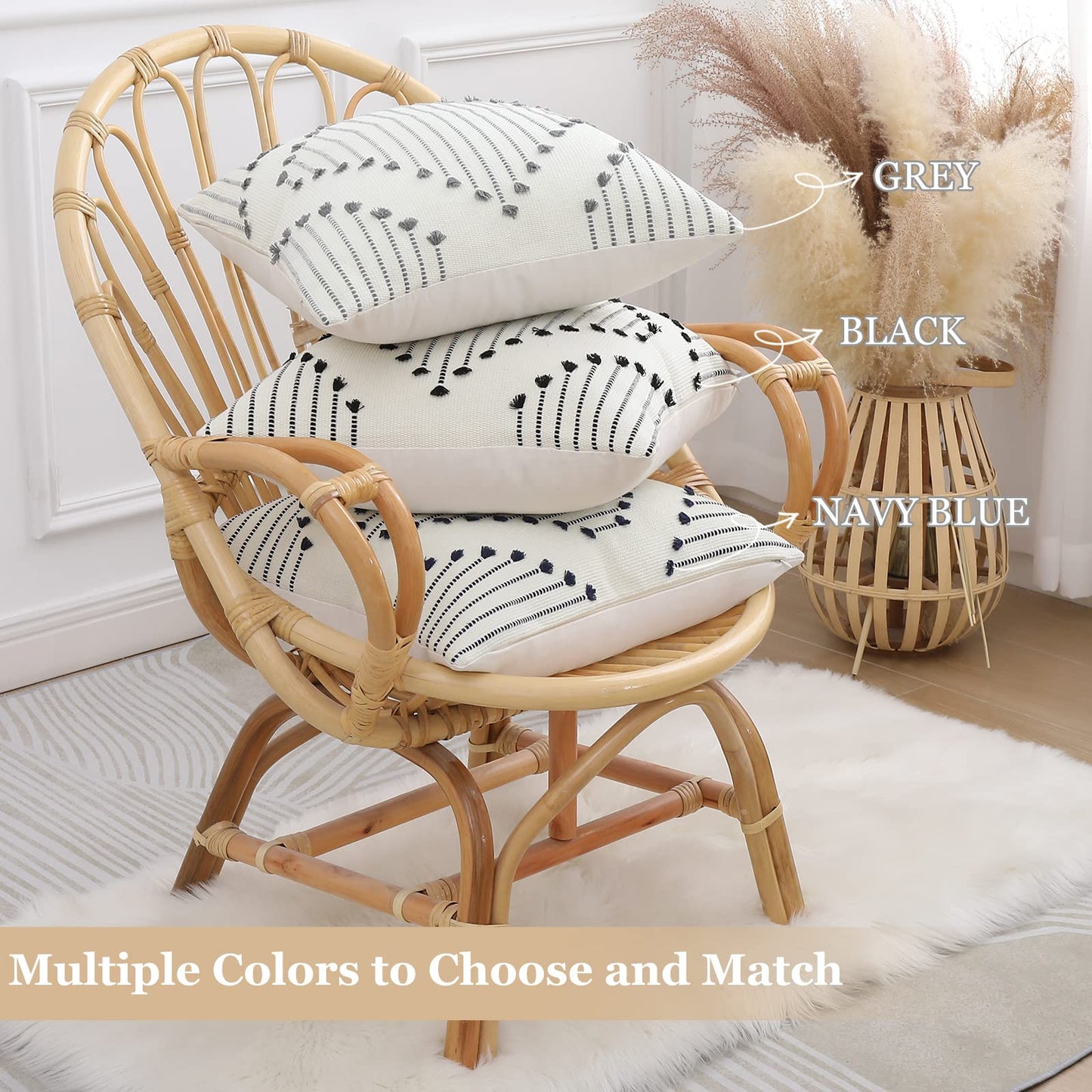 Mecatny Boho Outdoor Throw Pillow Covers 18X18 Set of 2, Farmhouse Decorative Summer Pillow Covers for Couch Sofa Living Room, Black & Cream White